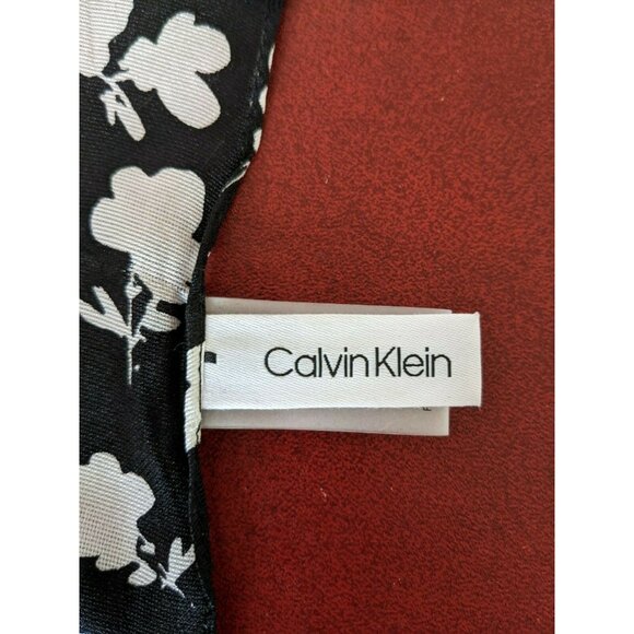 Calvin Klein 100% Silk Scarf Long Rectanle Black White Stripe Fringe Logo 70*17" - Picture 5 of 6